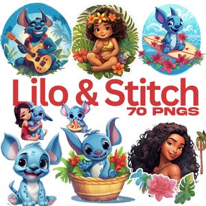 Lot de 70 images PNG Lilo et Stitch | Dessin animé PNG des années 90 | Dessin animé de point PNG pour chemises, tasses, invitations | Adorables fichiers imprimables Stitch