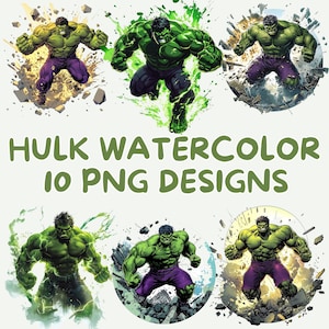 Watercolor Hulk Clipart: 10 PNG Bundle, Cartoon Sublimation (Digital Download)