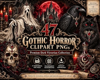 Gothic Horror Clipart Bundle, 47 Dark Halloween PNGs, Victorian Gothic Art for Canva & Sublimation