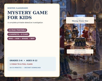 Winter Mystery Game for Kids, Printable Classroom Detective Activity, Critical Thinking Game, Grades 3-6, Ages 8-12