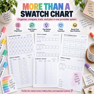 Può includere: Un sistema di cartelle colori stampabile che include diverse pagine come una tabella di campioni colore, un pianificatore di palette, schede da ritagliare, un tracker di campioni, un tracker di inventario e un pianificatore di progetti.