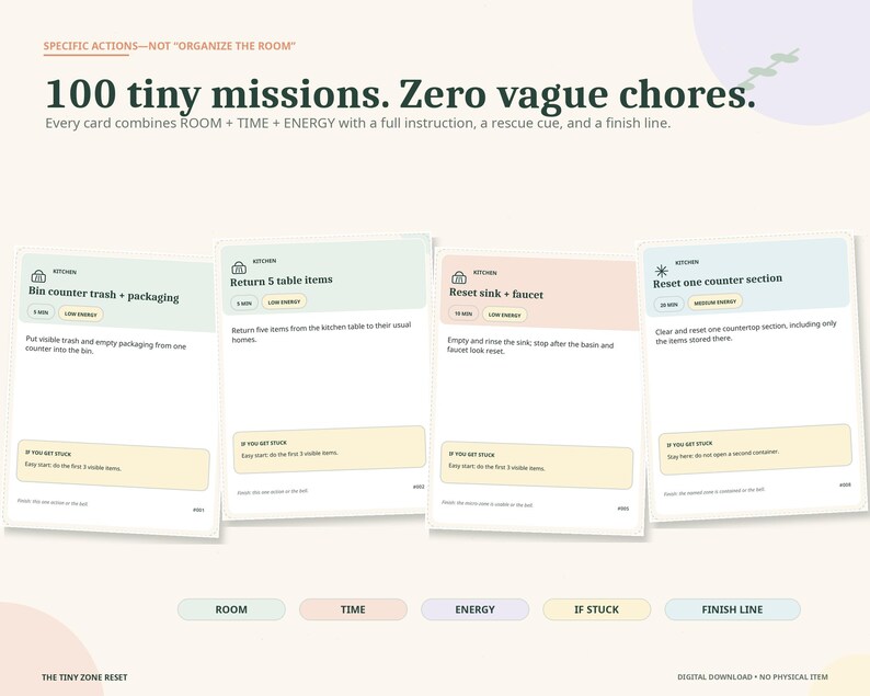 May include: A set of four rectangular task cards titled 100 tiny missions. Zero vague chores. Each card features a room category, time, energy level, specific instructions, and an if you get stuck section. The cards are colored in light green, peach, and blue.