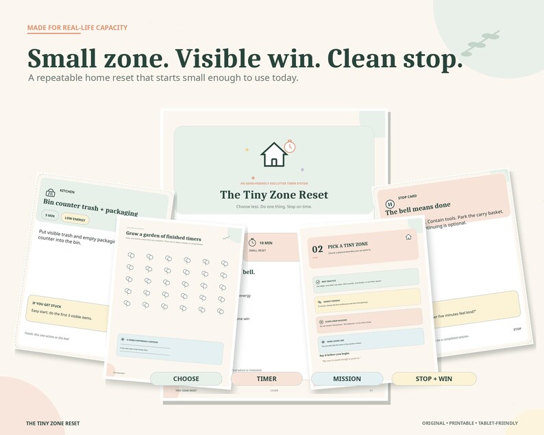 May include: A collection of printable instructional cards titled The Tiny Zone Reset, featuring pastel-colored backgrounds and black text. The cards include headings like Bin counter trash, Pick a tiny zone, and Stop card, with icons and checklists for home organization tasks.