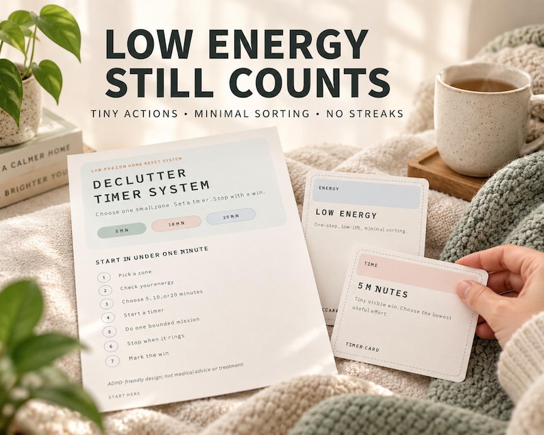 Pu&ograve; includere: Un sistema di timer per il riordino stampato su carta bianca con testo nero e accenti color pastello, accompagnato da due piccole schede etichettate low energy e 5 m nutes. Il sistema delinea un processo in sette fasi per le attivit&agrave;.