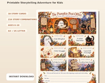 Carte per raccontare storie autunnali ai bambini, Ufficio Postale a forma di zucca stampabile, Gioco di scrittura creativa, Attività autunnale in classe, Spunti per storie in PDF