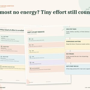 May include: A two-page document titled Capacity Before Ambition and Soft Start Rescue with the text Almost no energy? Tiny effort still counts. The pages feature pastel-colored sections outlining task management strategies, including One-Step Tasks, Downgrade Anytime, No Streaks, and Soft-Start Rescue protocols.
