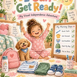 May include: A children's book titled I Can Get Ready! My Visual Independence Adventure featuring a smiling child in heart-patterned pyjamas and a puppy. The cover displays a morning routine checklist, a pink backpack, blue trainers, and a mug with toothbrushes.