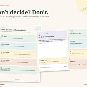 May include: An instructional document titled Decision-Free Mode with the heading Can't decide? Don't. It features a list of methods for selecting tasks, including Fastest, With a Phone, With Two Dice, Energy Override, and The 20-Second Rule, alongside a card labeled Random Mode.