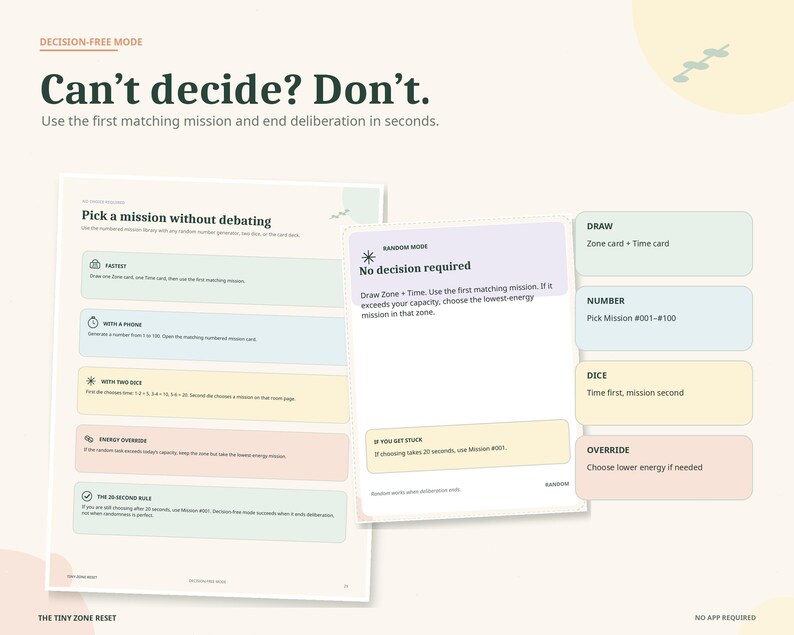 May include: An instructional document titled Decision-Free Mode with the heading Can't decide? Don't. It features a list of methods for selecting tasks, including Fastest, With a Phone, With Two Dice, Energy Override, and The 20-Second Rule, alongside a card labeled Random Mode.