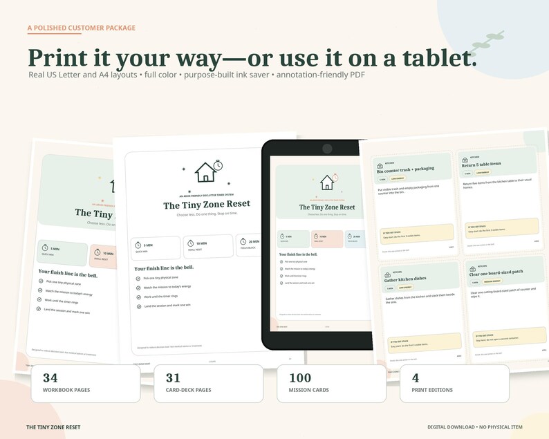 May include: A digital organization system titled The Tiny Zone Reset, featuring printable workbook pages and mission cards displayed on a tablet and paper. The layout includes task lists, time-based categories, and icons for home management.