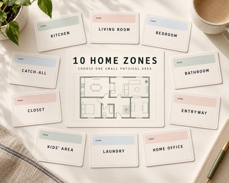 Pu&ograve; includere: Una carta rettangolare centrale intitolata 10 HOME ZONES con un'illustrazione di una planimetria, circondata da dieci carte pi&ugrave; piccole etichettate con aree specifiche tra cui Kitchen, Living Room, Bedroom, Catch-all, Bathroom, Closet, Entryway, Kids' Area, Laundry e Home Office.