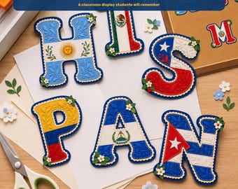 Pode incluir: Letras de papel recortadas com o formato das bandeiras da Argentina, México, Texas, Colômbia, Nicarágua e Cuba. Cada letra apresenta padrões florais em relevo, bordas recortadas e pequenos detalhes de flores de papel. Texto PRINT CUT CREATE.