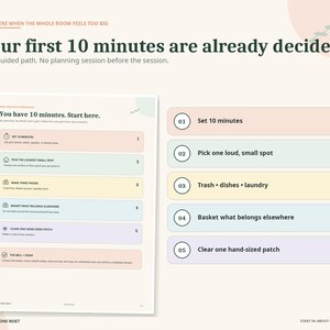 May include: A printed instructional guide titled Your first 10 minutes are already decided. It features a numbered list of five steps for cleaning, including Set 10 minutes, Pick one loud, small spot, Trash, dishes, laundry, Basket what belongs elsewhere, and Clear one hand-sized patch, presented in pastel-colored rectangular boxes.