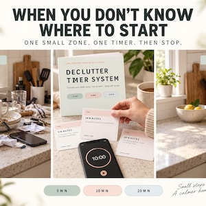 Pu&ograve; includere: Un sistema di timer per il riordino che include un libretto bianco, tre schede attivit&agrave; da 5, 10 e 20 minuti e uno smartphone che mostra un timer da 10:00. Il testo recita: When you don't know where to start. One small zone. One timer. Then stop.