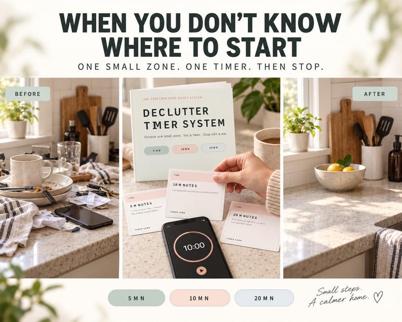 Pu&ograve; includere: Un sistema di timer per il riordino che include un libretto bianco, tre schede attivit&agrave; da 5, 10 e 20 minuti e uno smartphone che mostra un timer da 10:00. Il testo recita: When you don't know where to start. One small zone. One timer. Then stop.