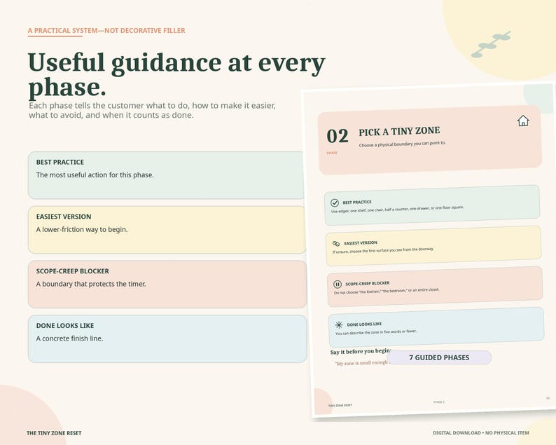 May include: A digital document titled Useful guidance at every phase featuring a practical system with sections for Best Practice, Easiest Version, Scope-Creep Blocker, and Done Looks Like. The page includes a 02 Pick a Tiny Zone header.