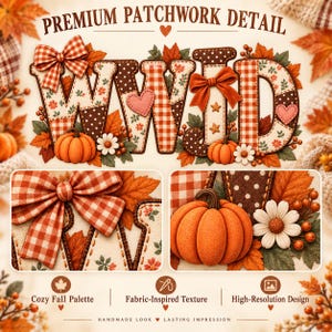 May include: A decorative graphic featuring the letters WWJD in a patchwork fabric style with orange gingham, brown polka dots, and floral patterns. The design includes orange pumpkins, white daisies, autumn leaves, and bows in a fall color palette.