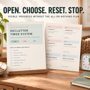 Pu&ograve; includere: Due schede di carta bianca con testo nero e accenti pastello intitolate Declutter Timer System. Le schede elencano passaggi e opzioni di tempo come 5, 10 e 20 minuti. Un timer analogico quadrato con un segmento verde &egrave; posizionato accanto alle schede.