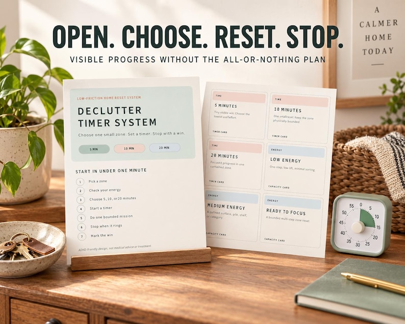 Pu&ograve; includere: Due schede di carta bianca con testo nero e accenti pastello intitolate Declutter Timer System. Le schede elencano passaggi e opzioni di tempo come 5, 10 e 20 minuti. Un timer analogico quadrato con un segmento verde &egrave; posizionato accanto alle schede.
