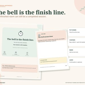 May include: A document titled The Strategic Difference featuring the text The bell is the finish line. It includes a stop card with instructions to put down, contain, mark, and leave tasks, alongside icons for a timer, a lock, and a checkmark.