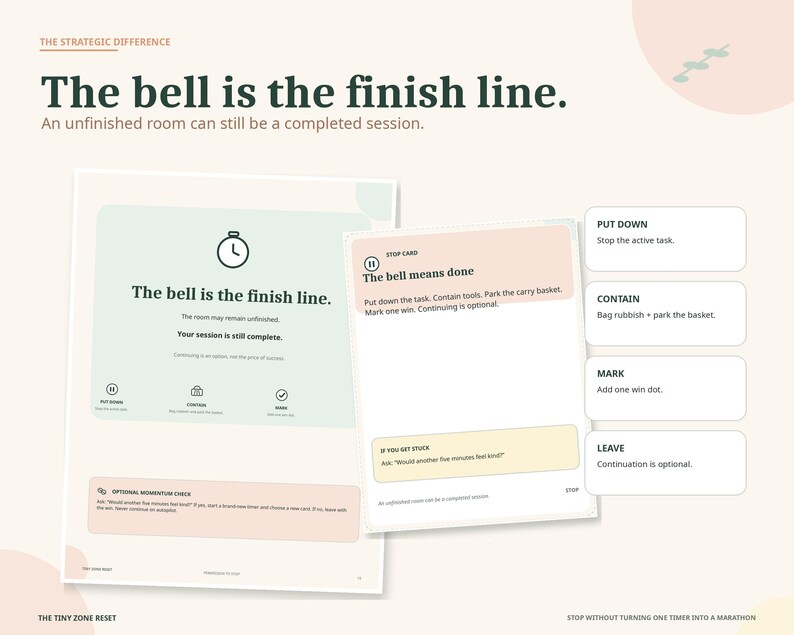 May include: A document titled The Strategic Difference featuring the text The bell is the finish line. It includes a stop card with instructions to put down, contain, mark, and leave tasks, alongside icons for a timer, a lock, and a checkmark.