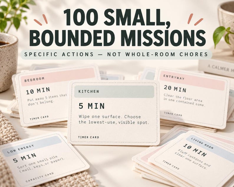 Pu&ograve; includere: Un set di schede attivit&agrave; rettangolari intitolate 100 SMALL, BOUNDED MISSIONS. Ogni scheda presenta una categoria, una durata e un'istruzione specifica come Wipe one surface o Clear the floor area. Le schede hanno uno sfondo color crema.