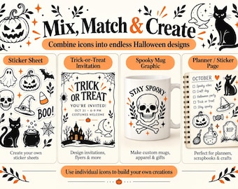 Halloween SVG Bundle, 240 Spooky Line Art Icons, PNG Clipart for Cricut & Canva