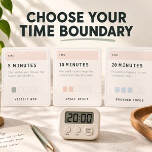 Pu&ograve; includere: Tre carte rettangolari con il testo CHOOSE YOUR TIME BOUNDARY, che mostrano intervalli di 5, 10 e 20 minuti con testo descrittivo e caselle di controllo. Un timer digitale mostra 20:00 davanti alle carte su una superficie chiara.