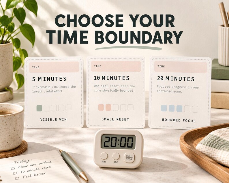 Pu&ograve; includere: Tre carte rettangolari con il testo CHOOSE YOUR TIME BOUNDARY, che mostrano intervalli di 5, 10 e 20 minuti con testo descrittivo e caselle di controllo. Un timer digitale mostra 20:00 davanti alle carte su una superficie chiara.