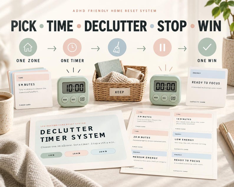 Pu&ograve; includere: Un sistema di riordino domestico adatto all'ADHD che include due timer digitali color verde salvia, un cestino intrecciato con l'etichetta KEEP e diverse schede stampate. Il testo recita PICK TIME DECLUTTER STOP WIN e DECLUTTER TIMER SYSTEM.