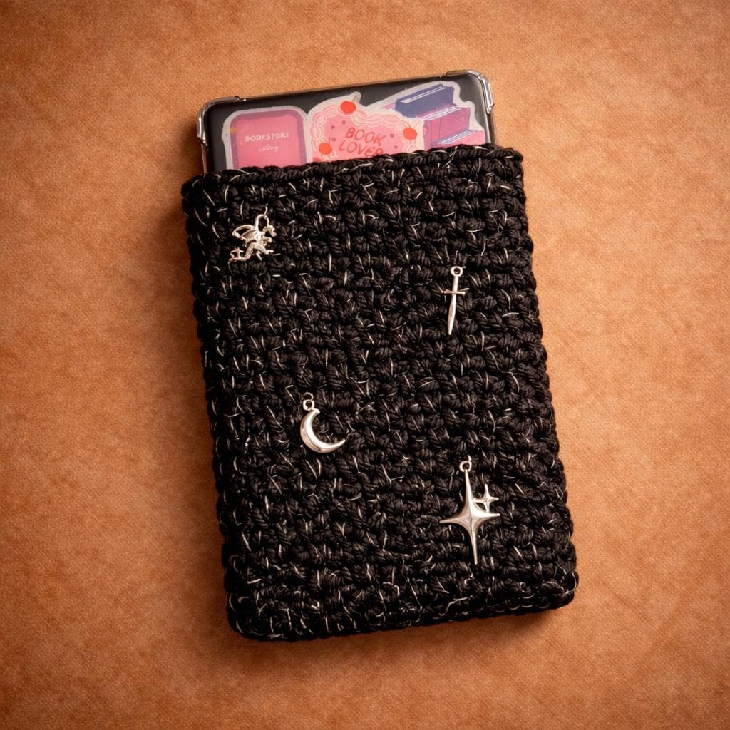 Handmade Crochet Kindle Sleeve Black Silver Yarn, Charm Accents, Book Lover Accessory