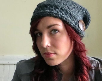 Chunky Knit Button Hat--Charcoal Gray