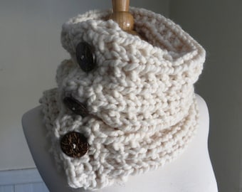 Chunky Knit Button Neck Warmer--Cream, neutral cowl, button cowl, button scarf