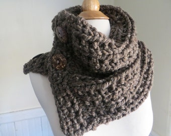Chunky Knit Button Neck Warmer--Taupe, taupe cowl, button cowl, button scarf