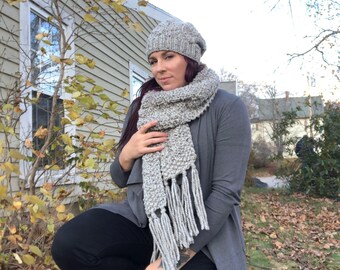 Chunky Knit Long Scarf, chunky knit scarf, chevron scarf, long fringe scarf, gray scarf