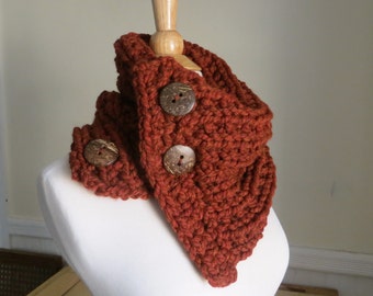 Chunky Knit Button Neck Warmer--Rust, rust chunky cowl, button cowl, button scarf