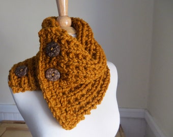 Chunky Knit Button Neck Warmer--Butterscotch, mustard yellow cowl, button cowl, button scarf