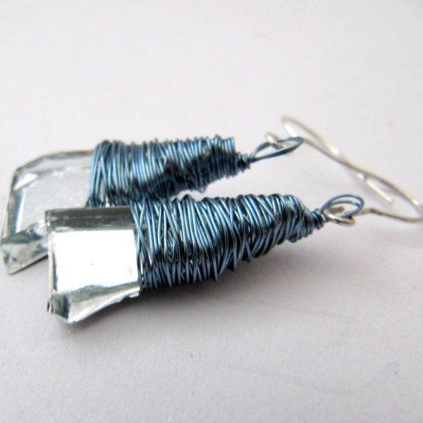 cyber monday FREE SHIPPING upcycled mirror earrings blue wired silver earwires