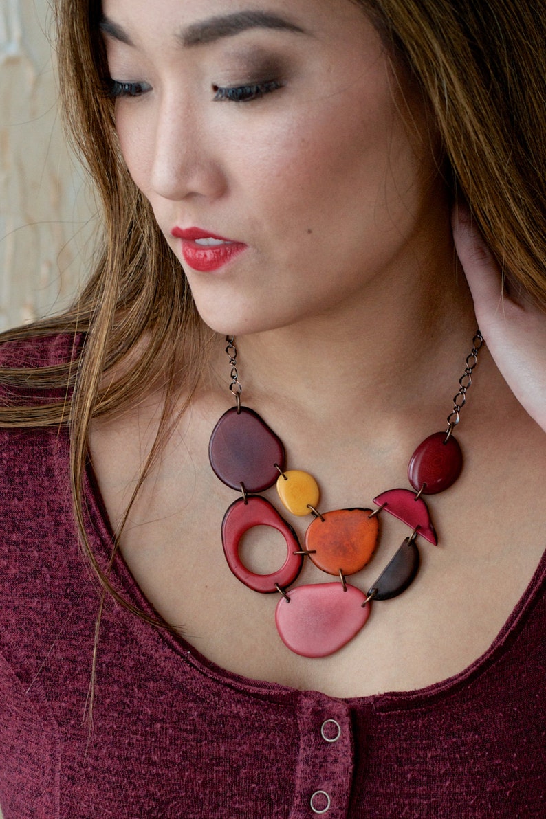 Red pink yellow brown bib necklace image 1