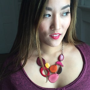 Red pink yellow brown bib necklace image 4