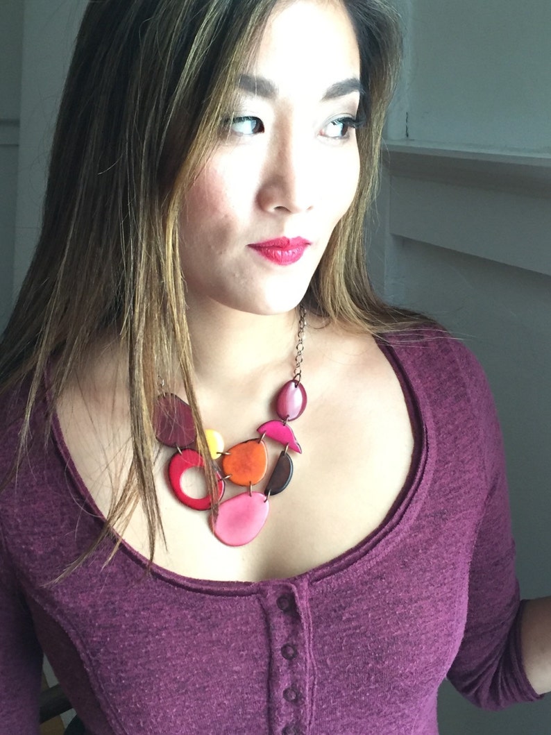 Red pink yellow brown bib necklace image 2