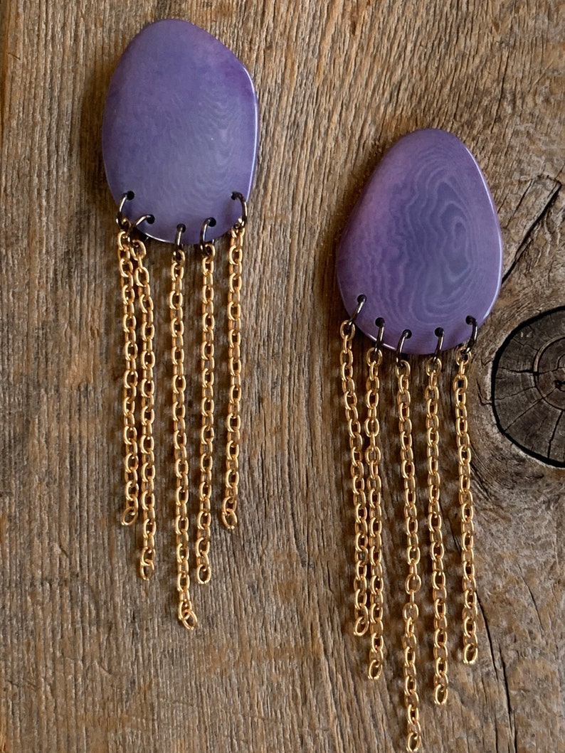 Post Earrings Lavender with gold chains image 3