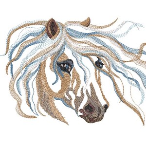 May include: An embroidered image of a horse's head, featuring a flowing mane in shades of white, blue, and brown. The horse's face is detailed with dark eyes and a textured muzzle, set against a white background. The artwork showcases a detailed stitch design.