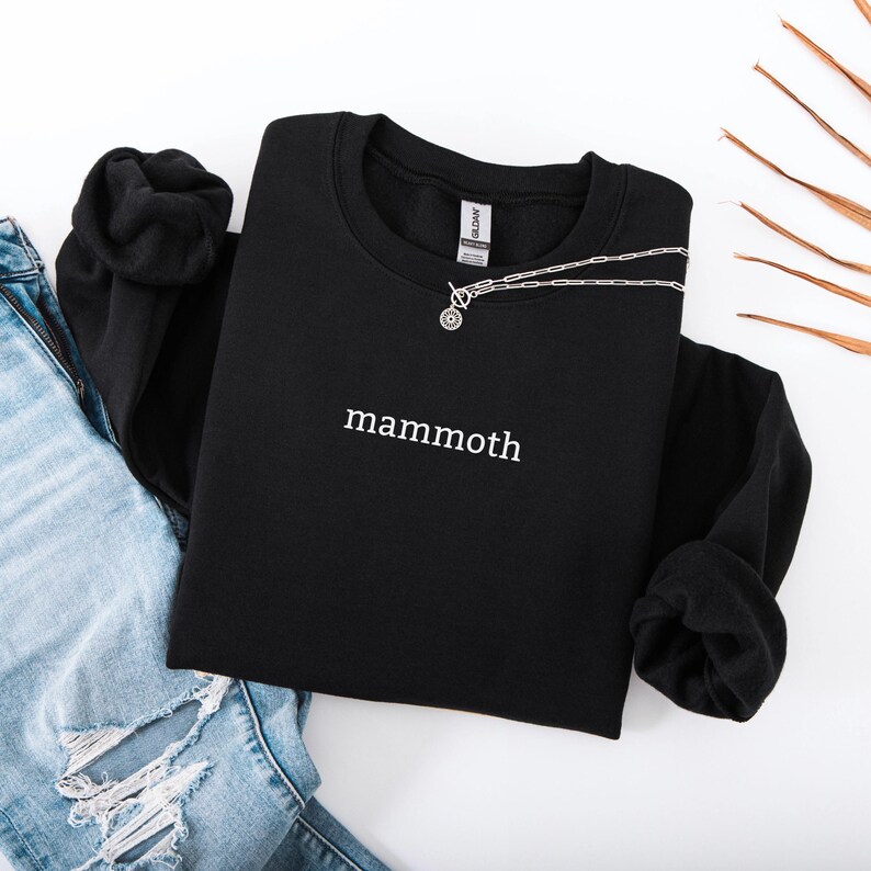 K&ouml;nnte beinhalten: Schwarzes Sweatshirt mit dem Wort "mammoth" in wei&szlig;en Buchstaben. Eine silberne Halskette mit einem kreisf&ouml;rmigen Anh&auml;nger ist &uuml;ber dem Sweatshirt drapiert. Das Sweatshirt wird mit einer blauen Jeans kombiniert.