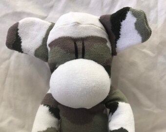 Sock monkey, Sockimamy, Cam, a camouflaged sock animal, baby boy gift, birthday boy gift, stuffed sock monkey, baby gift, camo, monkey plush