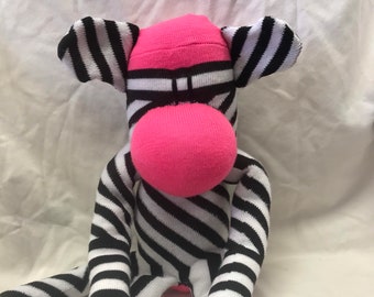 LONG Sock monkey, Sockimamy "Zebra", sock monkey doll, stuffed sock monkey, zebra stripes, baby shower gift, plush monkey, sock animal