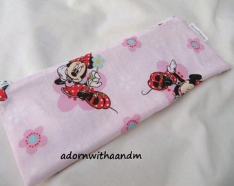 Zippered pencil case made with Disney's Minnie Mouse pink fabric, retro, classic girl, zippered pouch, school supply, homeschool, organizer