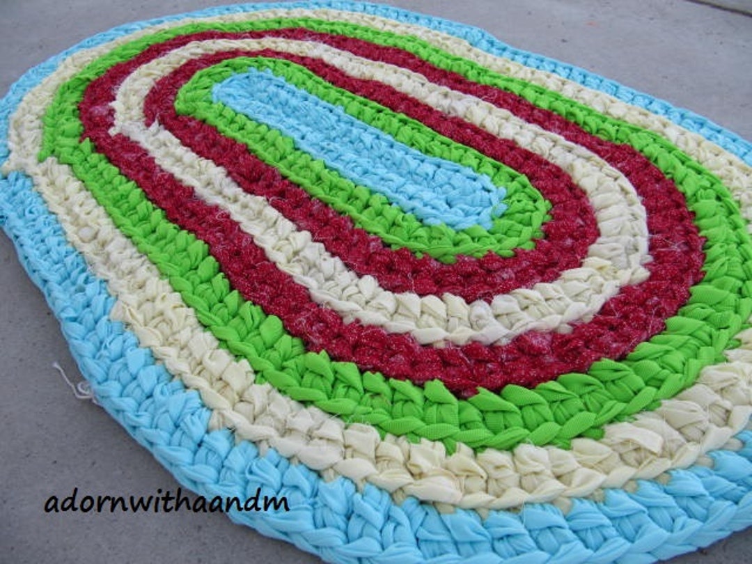 Retro 1950s Crocheted Oval Shape Rag Rug, Eco Friendly, Washable, Bath ...