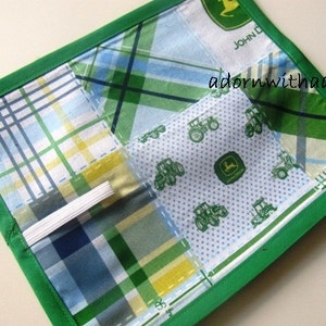 Chalkimamy TRAVEL chalkboard mat/ placemat made with licensed blue plaid John Deere fabric (a)