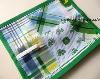 Chalkimamy TRAVEL chalkboard mat/ placemat made with licensed blue plaid John Deere fabric (a)